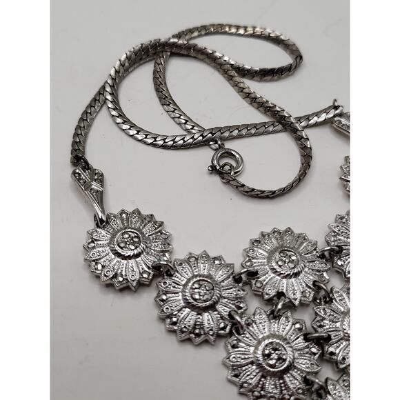 Vintage Floral Necklace Marked Sterling with Marcasite Accents 17 Inch - Picture 4 of 10